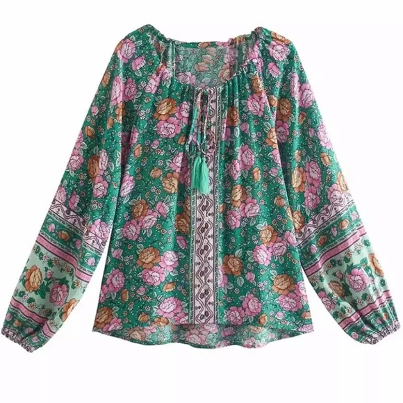Bohemian Green & Pink Floral Peasant Blouse Top - Picture 2 of 6